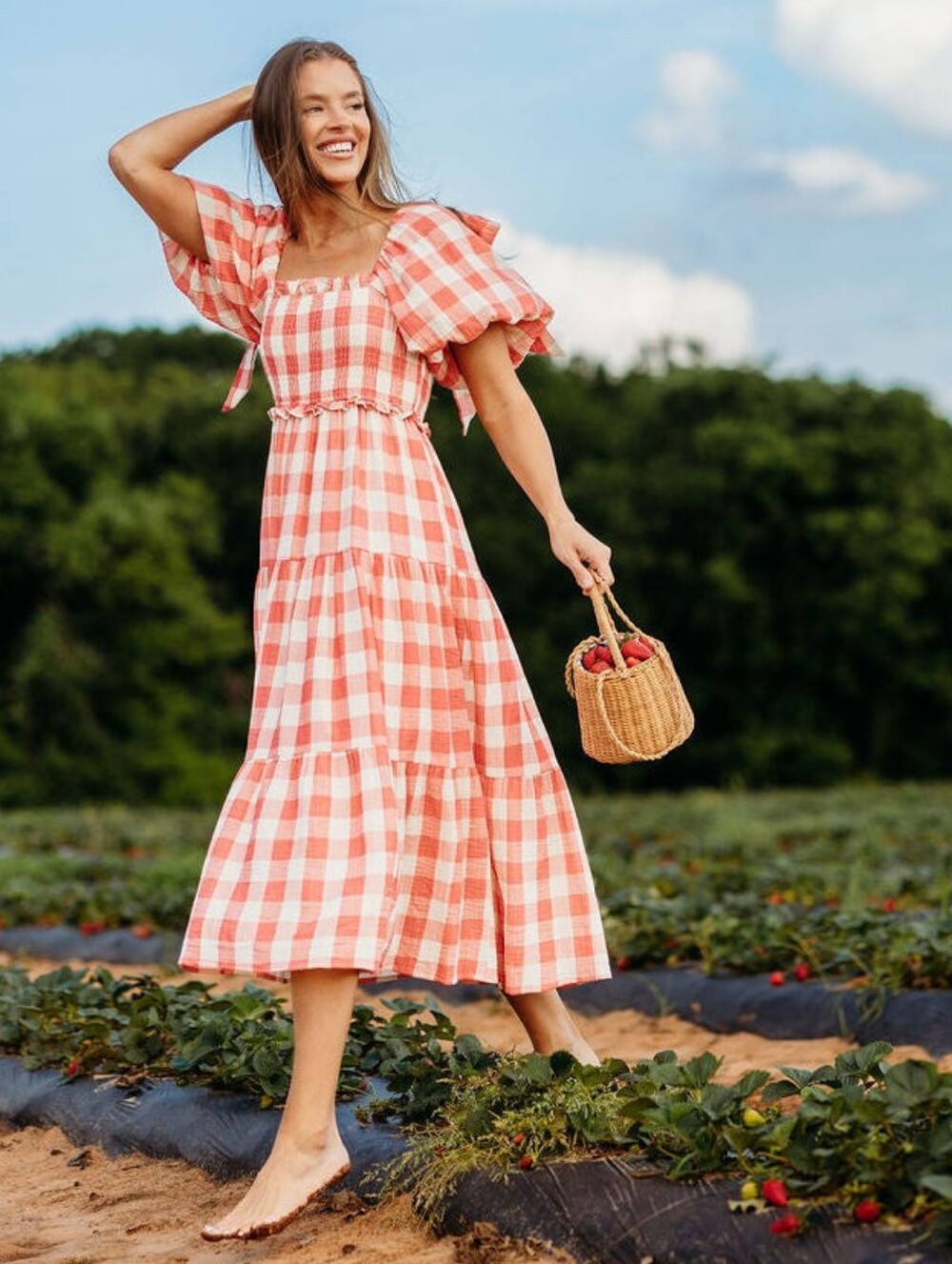 New Red Gingham Cottagecore Prairiecore 100% Cotton Midi Dress Regular Maternity